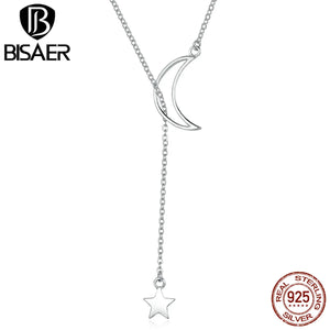 925 Silver Moon & Star Pendant Necklace Platinum Chain Women Fine Jewelry