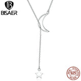 925 Silver Moon & Star Pendant Necklace Platinum Chain Women Fine Jewelry