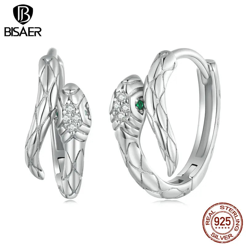 925 Silver Vintage Snake Hoop Earrings Green Zircon Animal Stud Earring