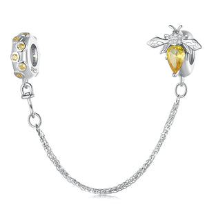 925 Silver Bee Safety Chain Yellow CZ Stopper Charms For Bracelet & Necklace