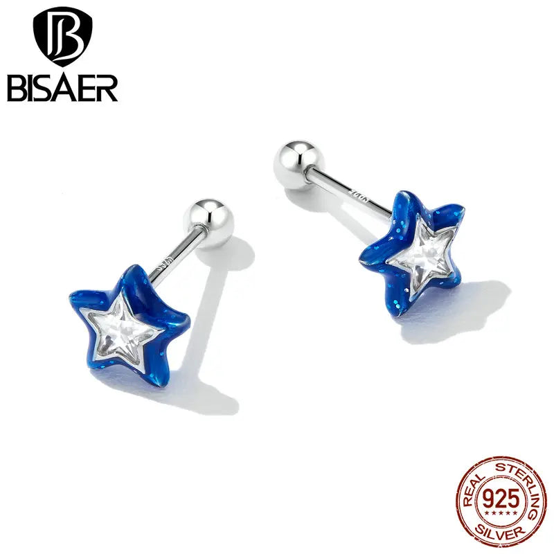 925 Silver Star Stud Earrings Zircon Plated Platinum