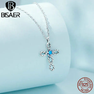 925 Silver Braided Cross Mini Necklace Turquoise Neck Chains Platinum Plated