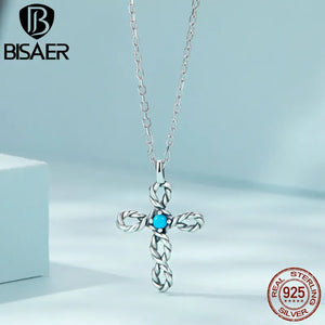 925 Silver Braided Cross Mini Necklace Turquoise Neck Chains Platinum Plated