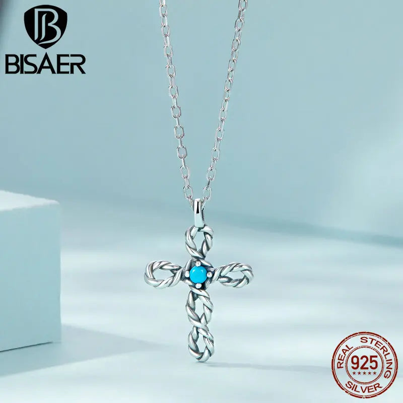 925 Silver Braided Cross Mini Necklace Turquoise Neck Chains Platinum Plated