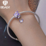 925 Silver Butterfly Charm Bead Purple Enamel Pendant for Bracelet