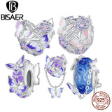 925 Silver Butterfly Charm Bead Purple Enamel Pendant for Bracelet