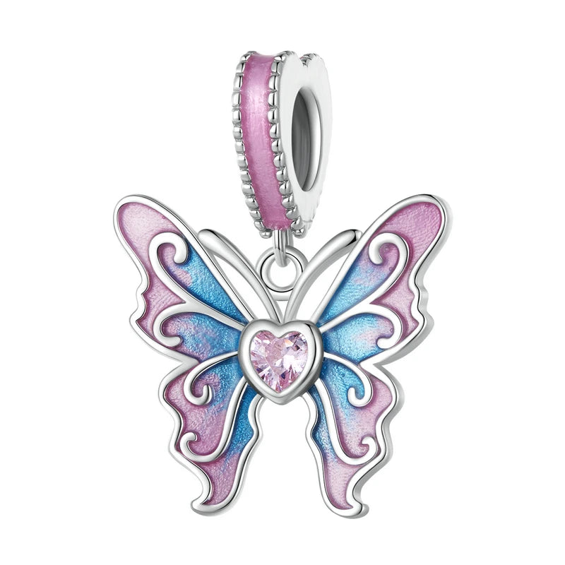 925 Silver Butterfly Fairy Charm Bead Pink Enamel Pendant Girl Gift