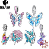 925 Silver Butterfly Fairy Charm Bead Pink Enamel Pendant Girl Gift