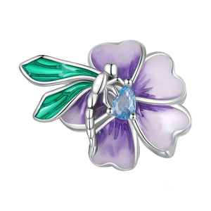 925 Silver Butterfly&Flower Charm Bead Purple Pendant Platinum Plated