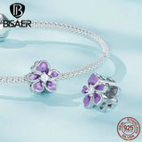 925 Silver Butterfly&Flower Charm Bead Purple Pendant Platinum Plated