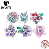 925 Silver Butterfly&Flower Charm Bead Purple Pendant Platinum Plated