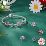 925 Silver Butterfly&Flower Charm Bead Purple Pendant Platinum Plated
