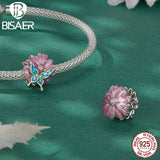 925 Silver Butterfly&Flower Charm Bead Purple Pendant Platinum Plated