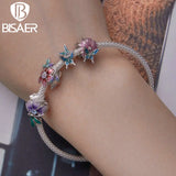 925 Silver Butterfly&Flower Charm Bead Purple Pendant Platinum Plated