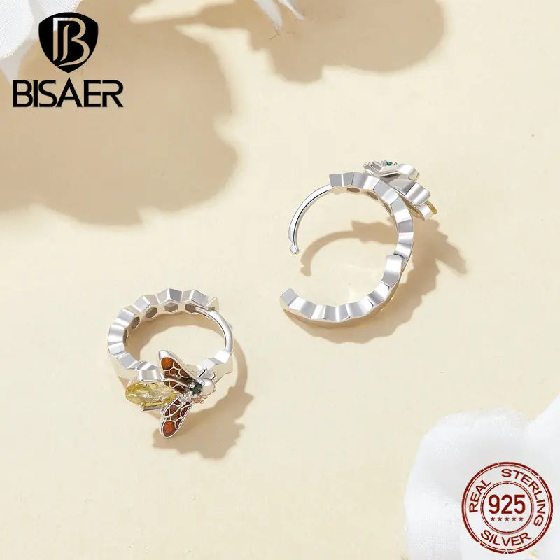 925 Silver Enamel Bee Hoop Earrings Platinum Plated Women Fine Jewelry