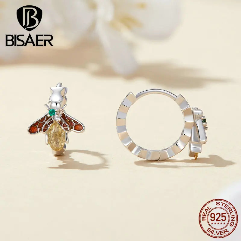925 Silver Enamel Bee Hoop Earrings Platinum Plated Women Fine Jewelry