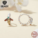 925 Silver Enamel Bee Hoop Earrings Platinum Plated Women Fine Jewelry