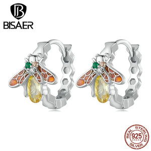 925 Silver Enamel Bee Hoop Earrings Platinum Plated Women Fine Jewelry