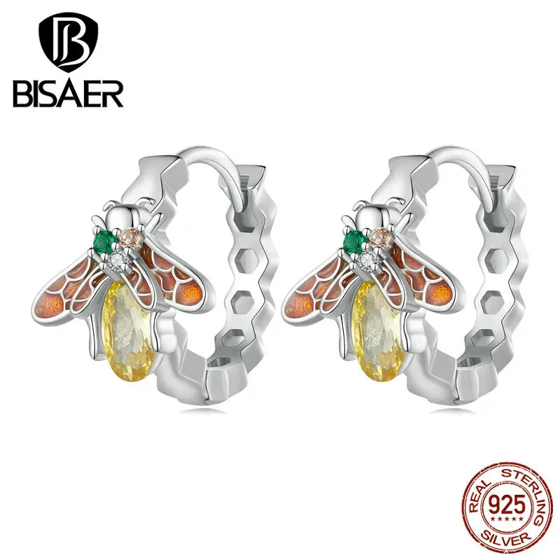 925 Silver Enamel Bee Hoop Earrings Platinum Plated Women Fine Jewelry