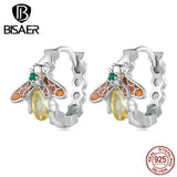 925 Silver Enamel Bee Hoop Earrings Platinum Plated Women Fine Jewelry