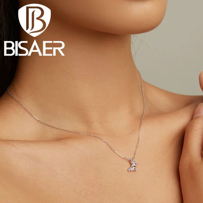 925 Silver Butterfly Necklace with Colored Zircon Platinum Plating