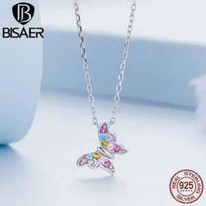 925 Silver Butterfly Necklace with Colored Zircon Platinum Plating