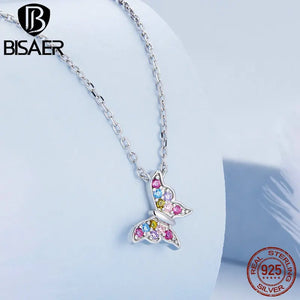925 Silver Butterfly Necklace with Colored Zircon Platinum Plating