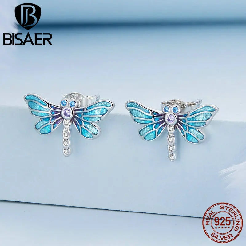 925 Silver Dragonfly Stud Earrings CZ Platinum Plated Women Party Jewelry