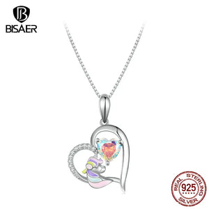 925 Silver Unicorn Necklace Platinum Zircon Heart Pendant