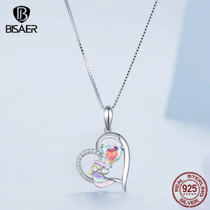 925 Silver Unicorn Necklace Platinum Zircon Heart Pendant