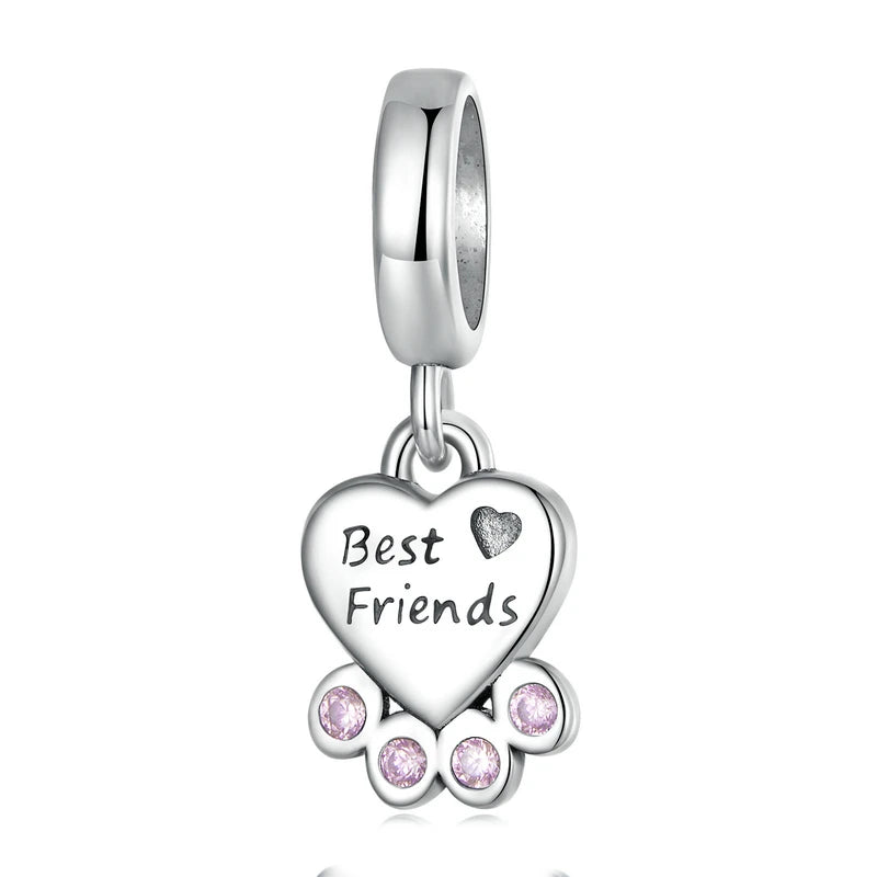925 Silver Dog Charm Pink Paw Beads for Bracelet Necklace