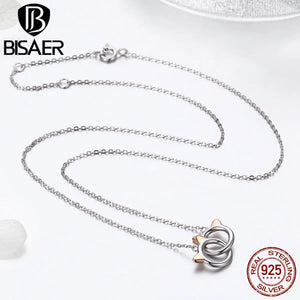925 Silver Double Circles Cat Pendant Necklace Platinum Plated