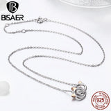 925 Silver Double Circles Cat Pendant Necklace Platinum Plated