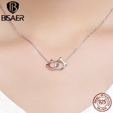925 Silver Double Circles Cat Pendant Necklace Platinum Plated