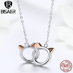 925 Silver Double Circles Cat Pendant Necklace Platinum Plated