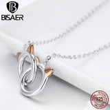 925 Silver Double Circles Cat Pendant Necklace Platinum Plated