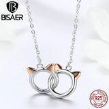925 Silver Double Circles Cat Pendant Necklace Platinum Plated