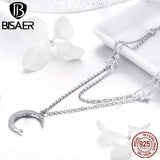 925 Silver Double Star Zircon Circle Necklace Platinum Chain Women Party Jewelry