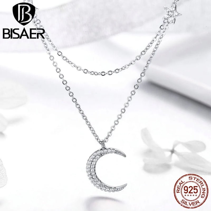925 Silver Double Star Zircon Circle Necklace Platinum Chain Women Party Jewelry