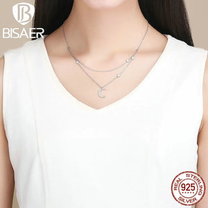 925 Silver Double Star Zircon Circle Necklace Platinum Chain Women Party Jewelry