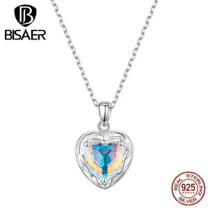 925 Silver Glass Heart Necklace Platinum Plated Wedding Jewelry