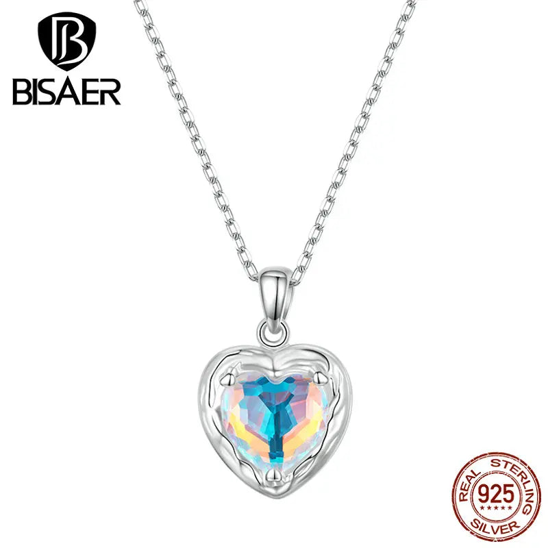 925 Silver Glass Heart Necklace Platinum Plated Wedding Jewelry