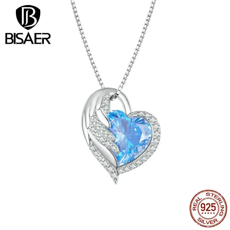 925 Sterling Silver Guard Heart Wing Necklace Zircon Neck Chain Platinum Plated