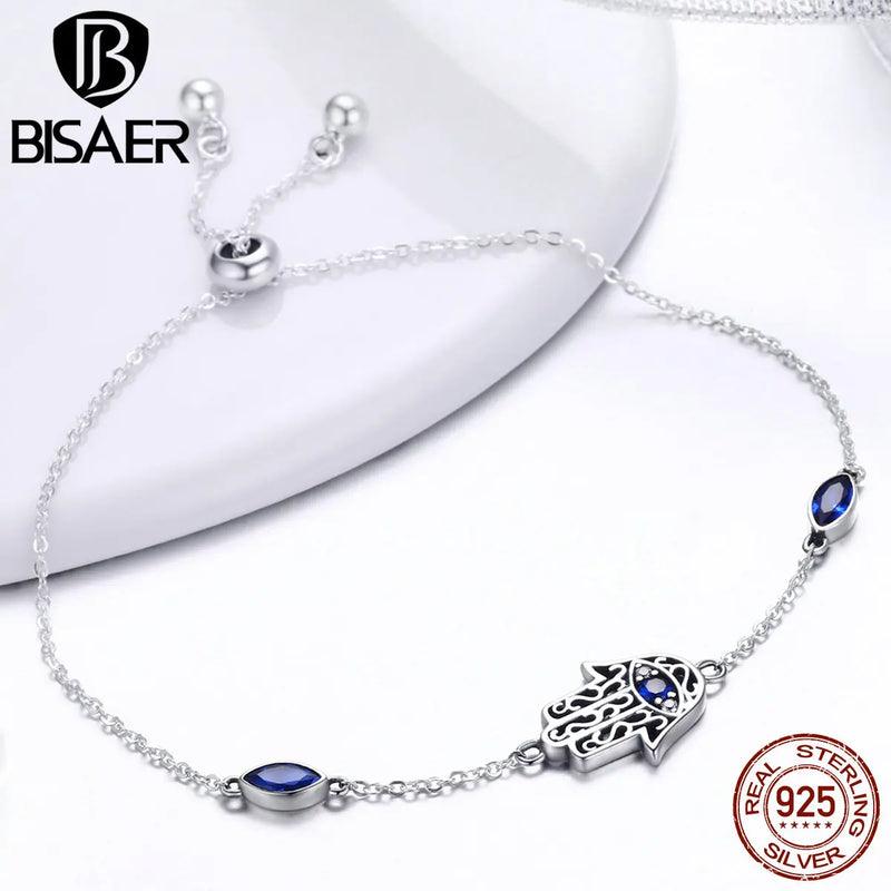 925 Silver Hamsa Hand Chain Link Bracelet Lucky Women Bracelet ECB076