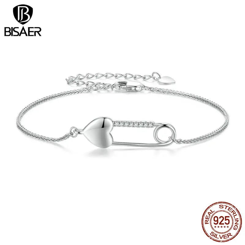 925 Silver Heart Button Pin Bracelet Platinum Plated Adjustable Chain