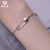 925 Silver Heart Button Pin Bracelet Platinum Plated Adjustable Chain