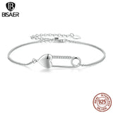 925 Silver Heart Button Pin Bracelet Platinum Plated Adjustable Chain