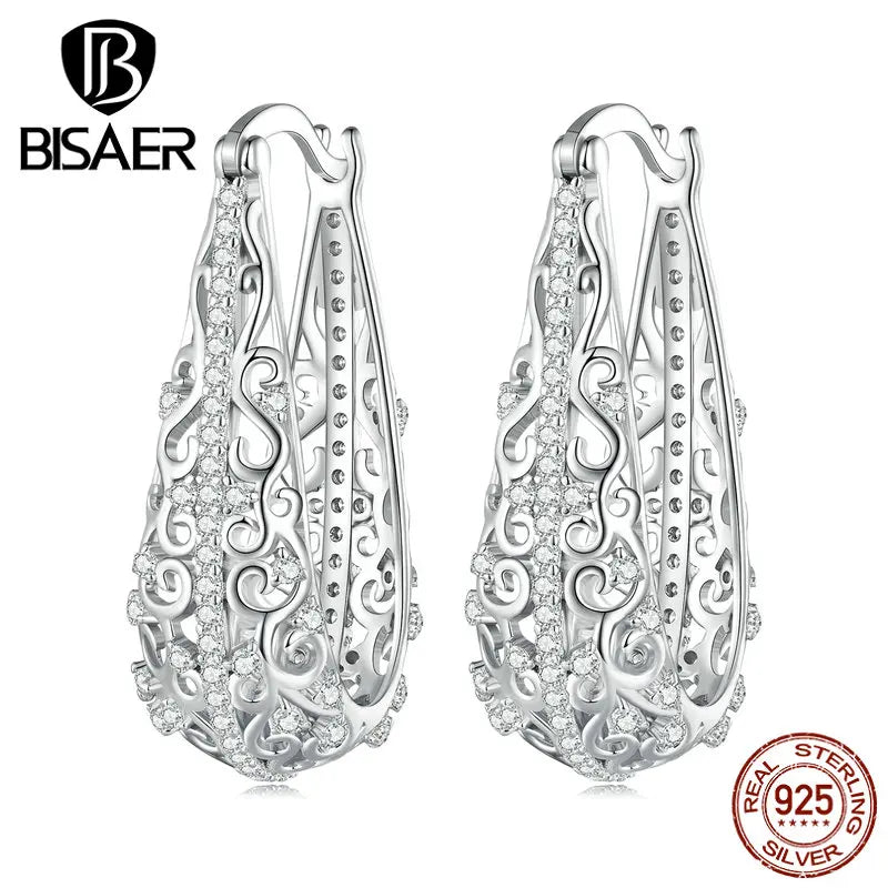 925 Sterling Silver Vintage Pattern Hoop Earrings Women Wedding