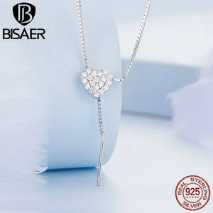 925 Silver Love Necklace Heart Zircon Platinum Plated Women Jewelry