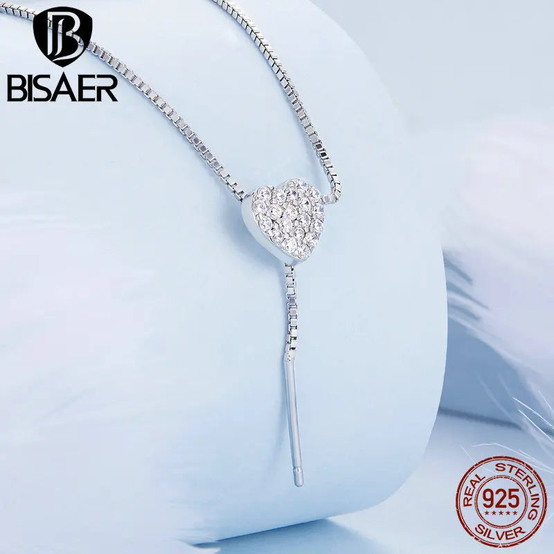 925 Silver Love Necklace Heart Zircon Platinum Plated Women Jewelry